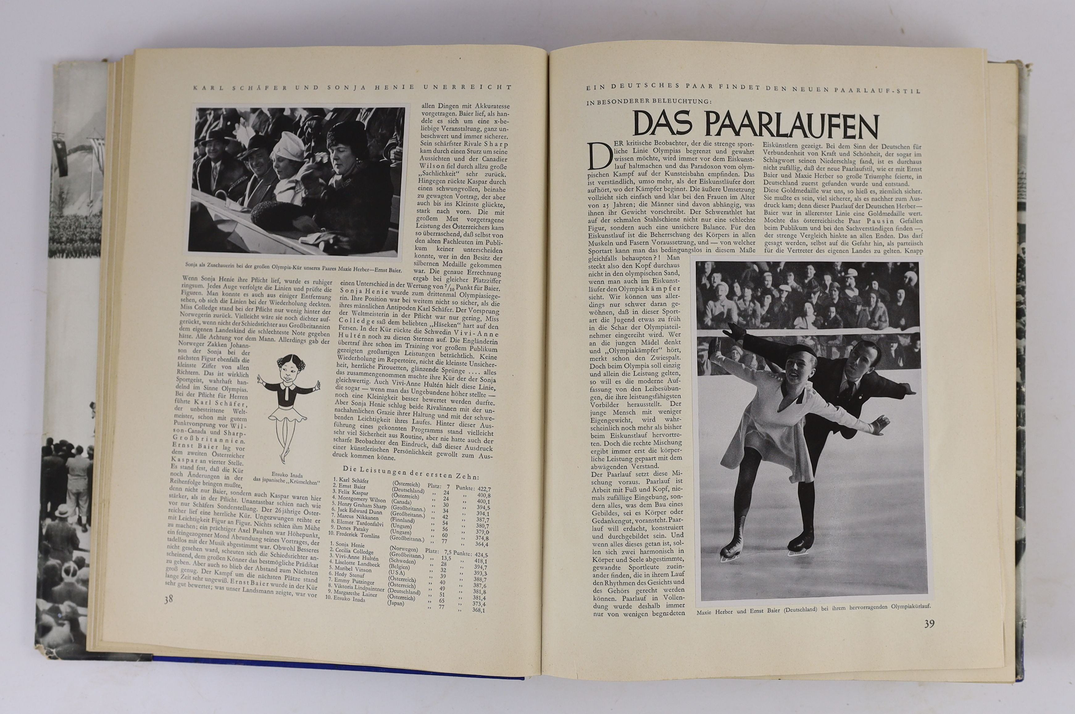 Anon - Die Olympischen Spiele 1936. 1st ed. 2. Vol. Complete with numerous illustrated plates and text illus. Original cloth with unclipped pictorial d/j. Folio. Cigaretten-Bilderdienst, Germany, 1936.